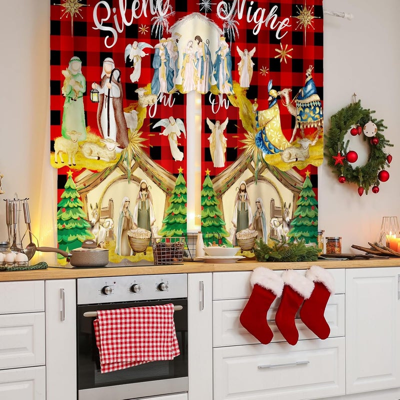 FuWeave Christmas Kitchen Curtains 3 Piece Set Nativity Window Curtains and Valance Set Xmas Curtain Swag for Kitchen Bedroom Living Room Decor, 60 x 36 Valance, 36 x 30 Tier - Image 4